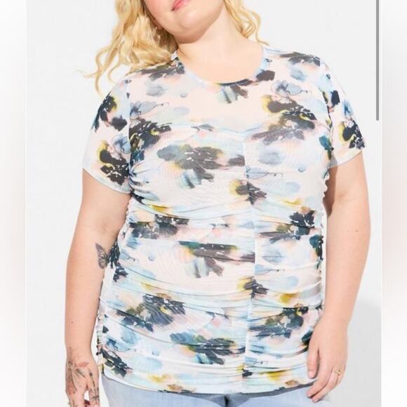 Torrid multi floral Stretch Mesh Crew Neck Ruched Top - Picture 1 of 9